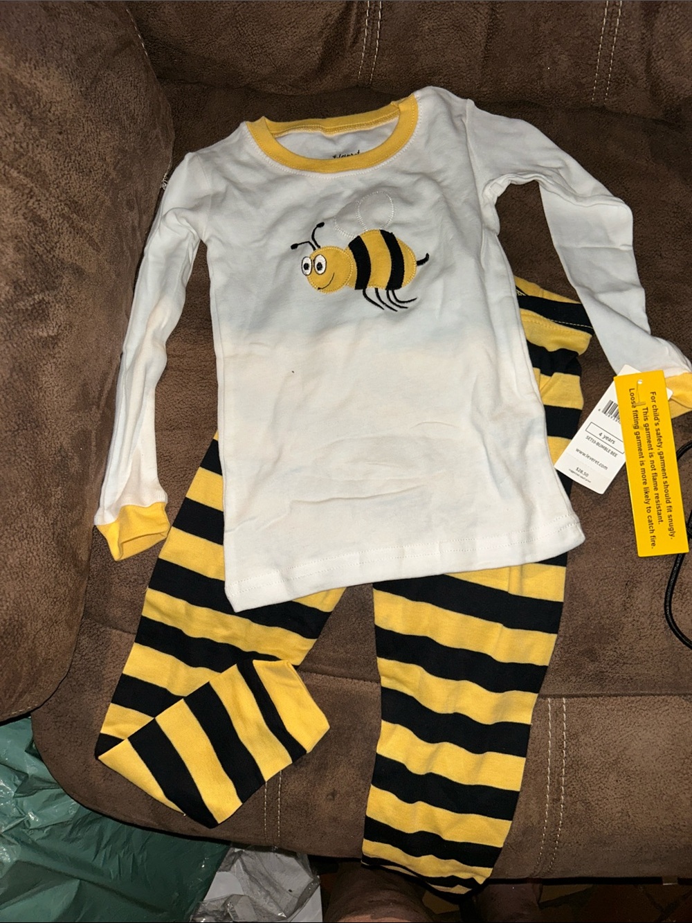 Toddler Bee Applique Pajama Set - White & Yellow